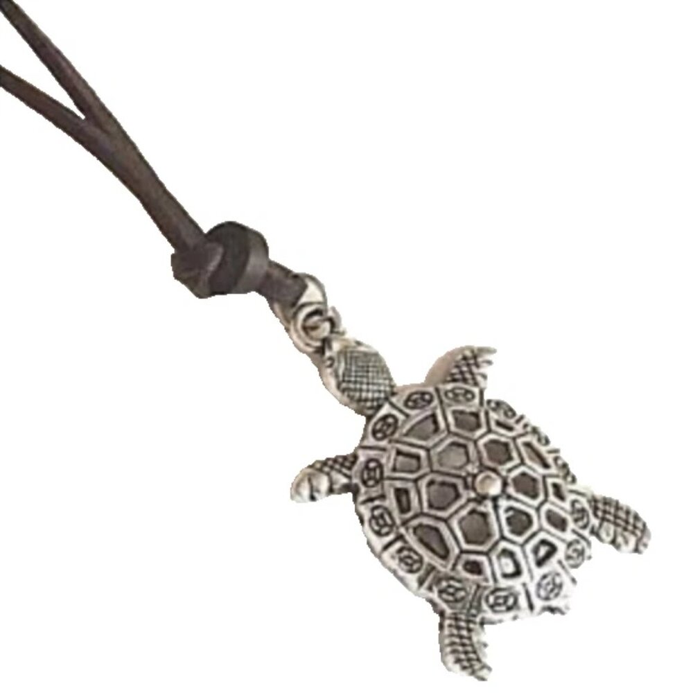 Surfer Sea Turtle Necklace Silver Tone Filigree Nautical Plated Brown Cord 24"